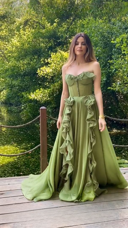 Elegant Sweetheart Neck Green Chiffon Ruffle Slit A Line Long Party Dress Evening Dress D2868