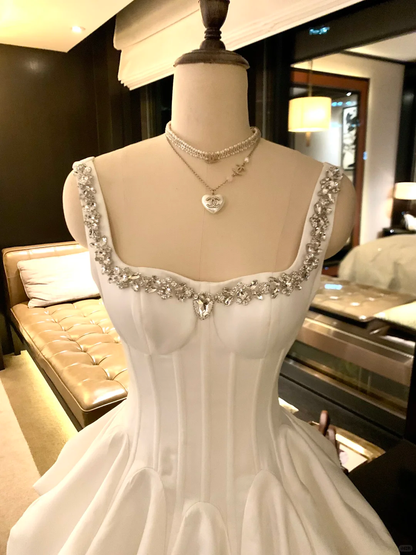 Classy White Satin Beaded A Line Short Birthday Outfits Homecoming Dress D240