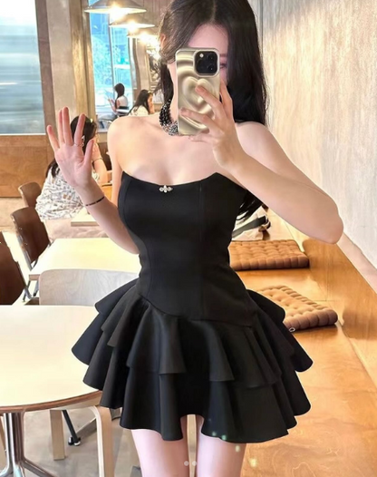 Cute A line Strapless Black Vacation Dresses Short Satin Birthday Dress SD234