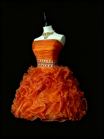 Unique Orange Tulle Pleated Beaded A Line Short 20th Birthday Outfits,Strapless Short Party Dress D4072