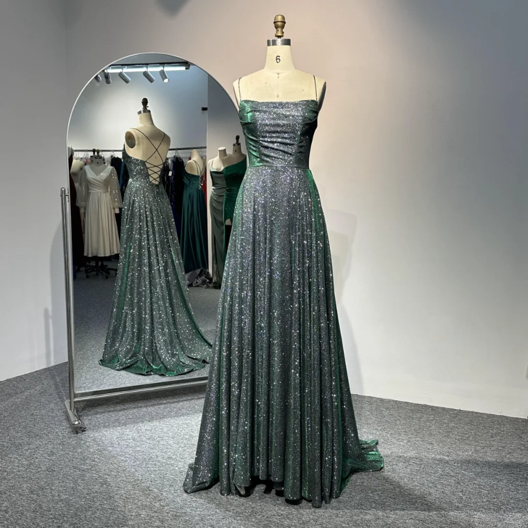 Unique Green Spaghetti Straps Satin Sequin Long Wedding Guest Dress Formal Birthday Prom Dress Evening Gown D2024