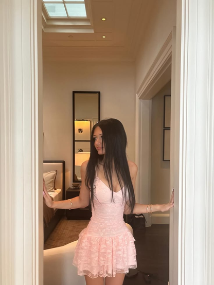 Charming Pink Spaghetti Straps Lace A Line Short Birthday Outfits Homecoming Dress D3397
