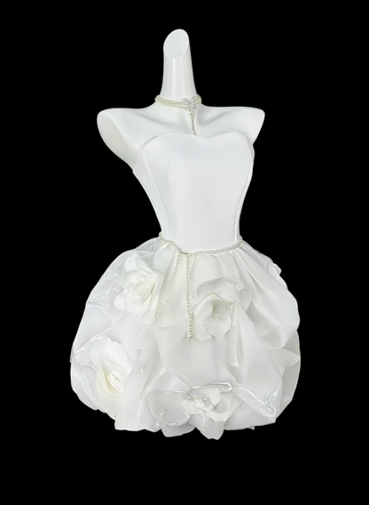 Pretty Strapless White Satin Tulle Pleated 3D Floral A Line Short 18th Birthday Outfits,Mini Prom Dress D4197