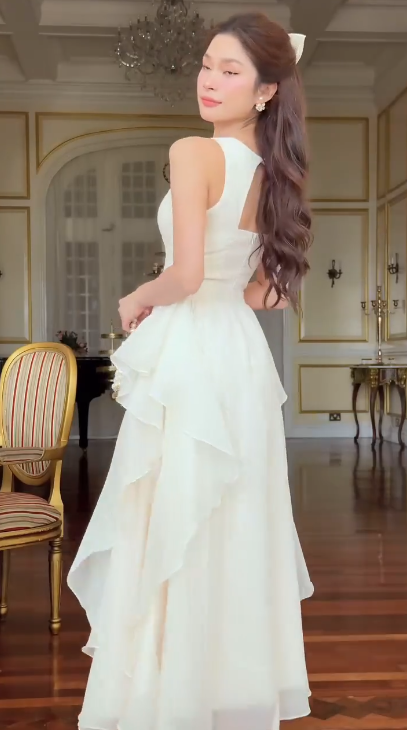 Charming V Neck Chiffon Ruffle White Long party Gown Formal Evening Dress D810