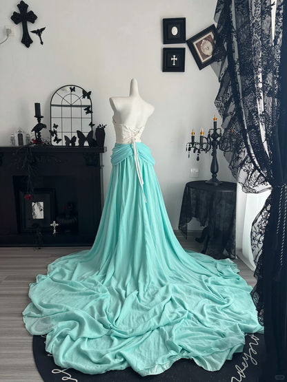 Classy Strapless Mint Green Lace Chiffon Prom Dress Sweetheart Neck High Slit Long Evening Gown D3718