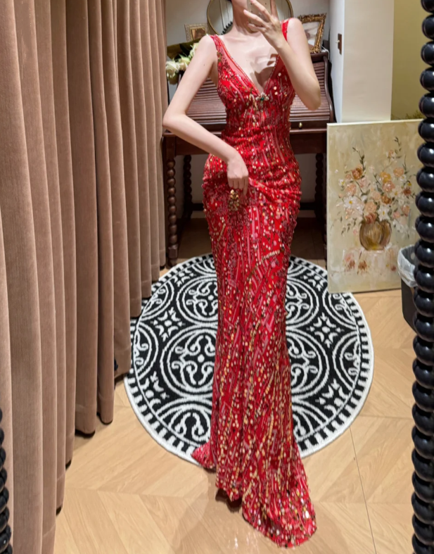 Charming Red V Neck Sequin Beaded Mermaid Long Party Dress Evening Dress D2046