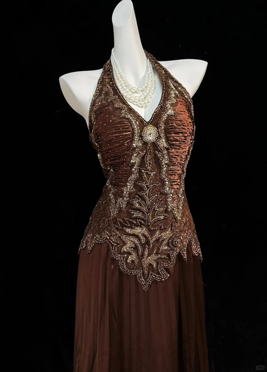 Vintage Brown Halter V Neck Satin Beaded A Line Long Evening Dress Birthday Party Dress D3120