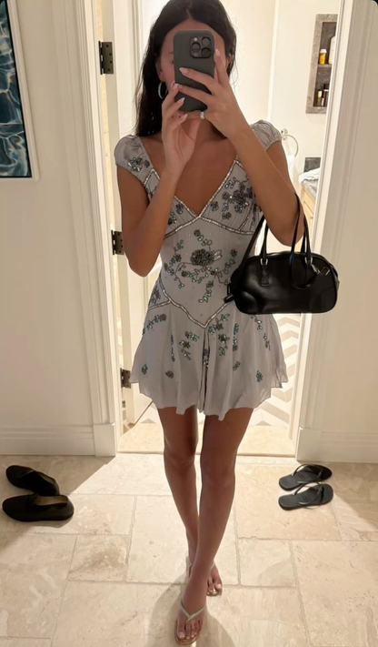 Vintage V Neck Gray Chiffon Sequin Beaded Formal 8th Grade Homecoming Dress 18th Birthday Outfits D056