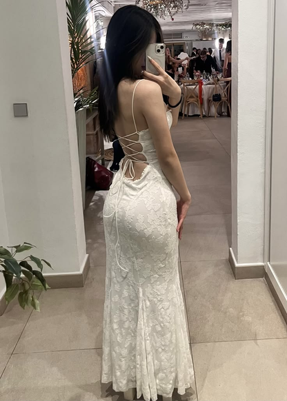 Pretty Spaghetti Straps White Lace Mermaid Long Party Dress Evening Dress D2871