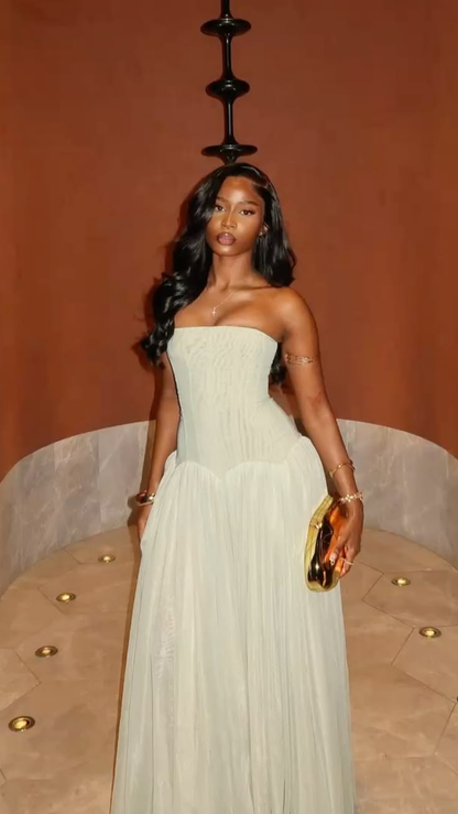Classy Light Green Tulle A Line Long Evening Dress Strapless Prom Dresses D4961