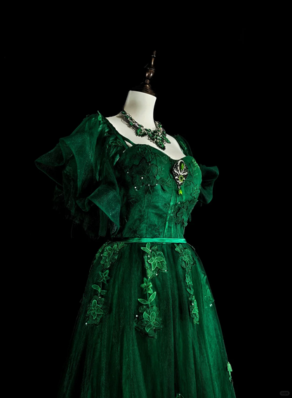 Classy Emerald Green Tulle Appliques Long Evening Dress Prom Dress D5391