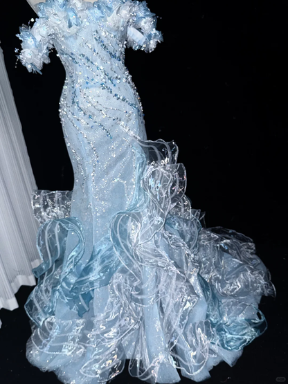 Glamorous Light Blue Mermaid Long Evening Dress Off The Shoulder Tulle Sequin Applique Party Dress D5168