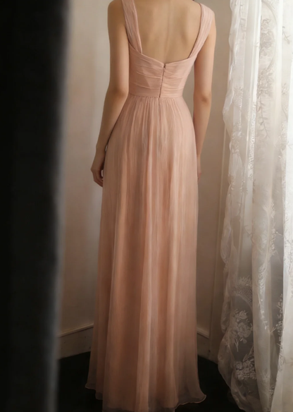 Classy Nude Pink Chiffon A Line Long Wedding Guest Dress Formal Birthday Party Dress D2314