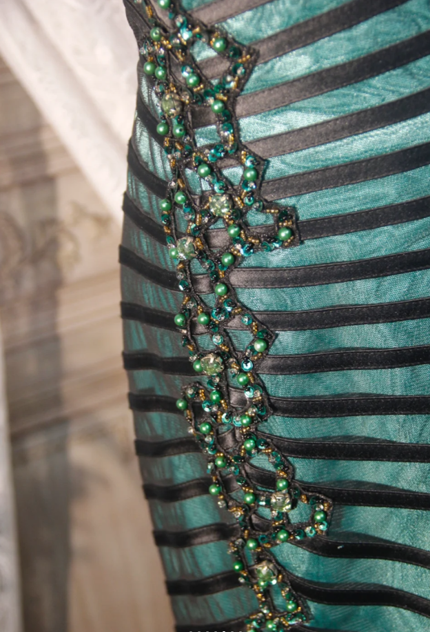 Vintage Spaghetti Straps Satin Tulle Beaded Mermaid Evening Dress Dark Green Long Party Gown D2252