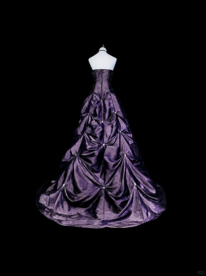 Vintage Purple Strapless Satin Beaded Long Party Dress Evening Dress D5371