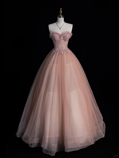 Pretty Sweetheart Neck Tulle Sequin Appliques Long Party Dress Pink Long Evening Dress D4834