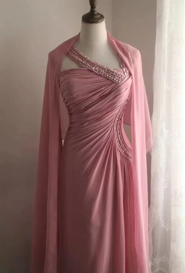 Fairy Pink Chiffon Sequin Beaded Mermaid Long Party Dress Birthday Evening Gown D2206