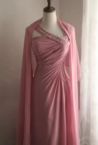 Fairy Pink Chiffon Sequin Beaded Mermaid Long Party Dress Birthday Evening Gown D2206