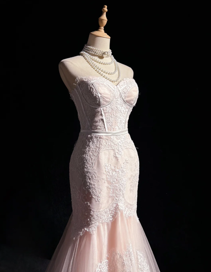 Pretty Strapless Light Pink Tulle Lace Appliques Mermaid Long Evening Dress Formal Wedding Guest Dress D2075