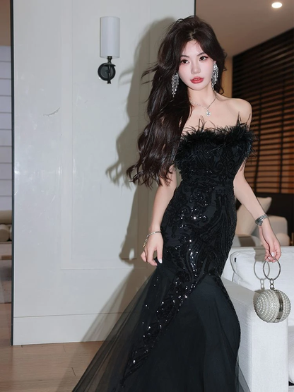 Gorgeous Feathers Strapless Black Tulle Sequin Mermaid Long Evening Dress Party Gown D2497