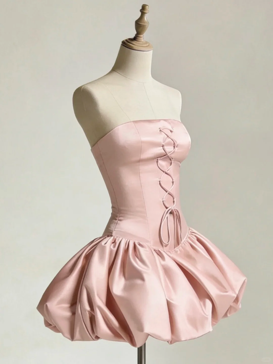 Fashion Strapless Satin A Line Short Birthday Dress,Pink Short Graduation Homecoming Dress D2805