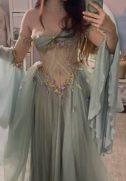 Elegant A Line Off The Shoulder Floor-length Tulle Long Sleeves Evening Dress Prom Dresses SD2022