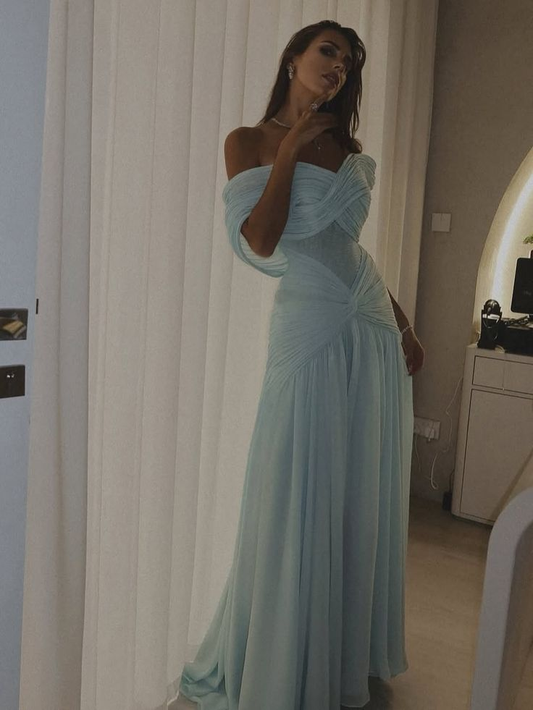 Elegant Off The Shoulder Blue Sequin Chiffon Pleated Mermaid Long Party Gown Evening Dress D1891