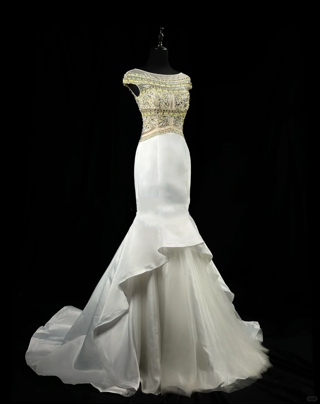 Retro Sleeveless White Tulle Satin Beaded Mermaid Long 20th Birthday Dress Evening Dress D2520