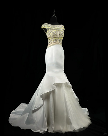 Retro Sleeveless White Tulle Satin Beaded Mermaid Long 20th Birthday Dress Evening Dress D2520