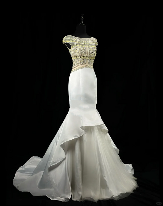 Retro Sleeveless White Tulle Satin Beaded Mermaid Long 20th Birthday Dress Evening Dress D2520