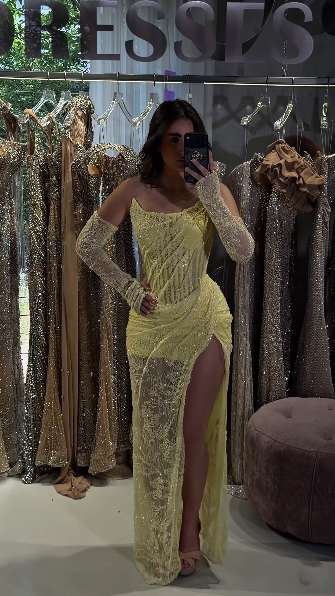 Gorgeous Yellow Lace Pleated Mermaid Long Party Dress Strapless Slit Long Birthday Evening Gowns D5244
