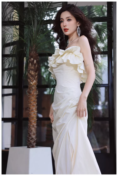 Elegant Beige Strapless Satin Pleated Mermaid Slit Long Evening Dress Birthday Party Dress With Bow D2418