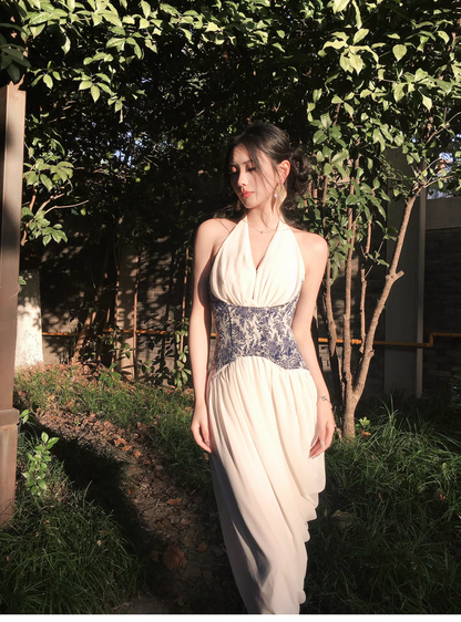 Unique Halter V Neck White Chiffon Pleated Long Prom Dress Birthday Evening Dress D2185