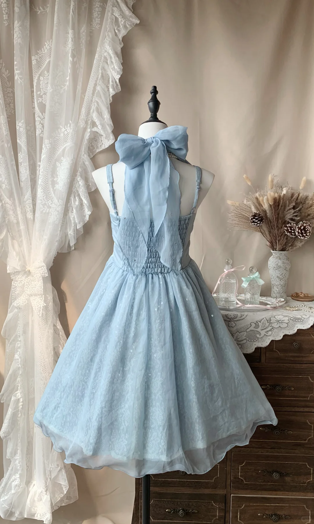 Pretty Halter Blue Chiffon Lace Beaded Short 16th Birthday Outfits,Formal Homecoming Dress D3186