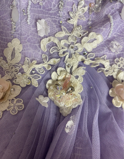 Pretty Strapless Tulle Lace Appliques Beaded Mermaid Slit Evening Dress Purple Birthday Party Gown D2189