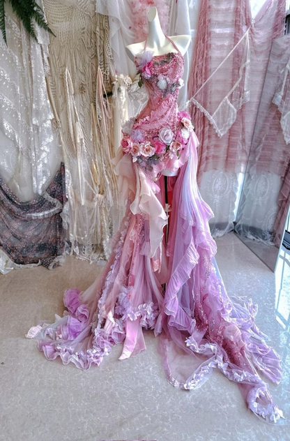 Fairy Halter Tulle Appliques Beaded Pink Mermaid Evening Dress,Formal Long Party Dress Prom Gown D1990