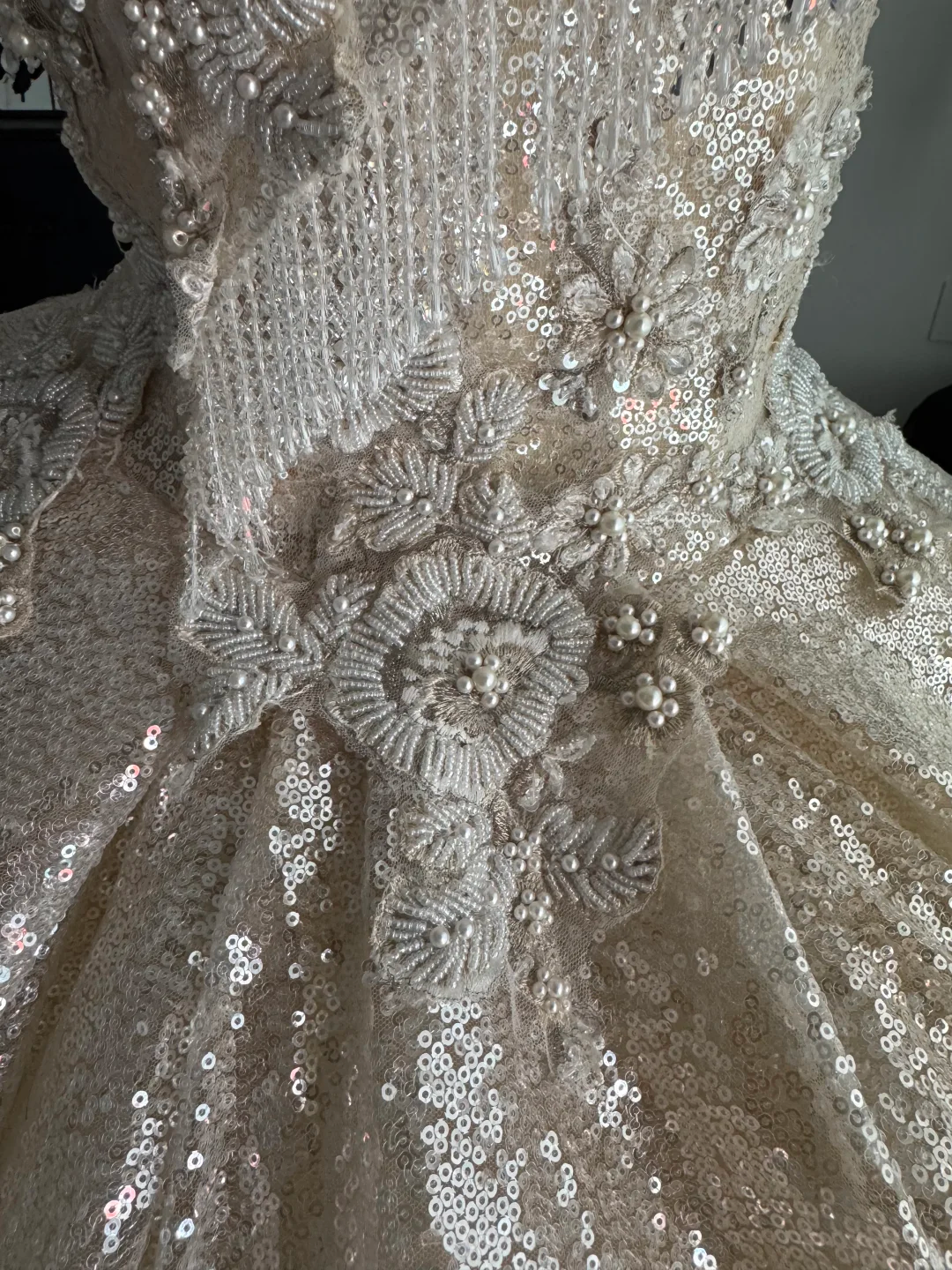 Sparkly Light Champagne Sequin Beaded Floral Sweet 15 Dress,Off The Shoulder Quinceanera Dress D3711
