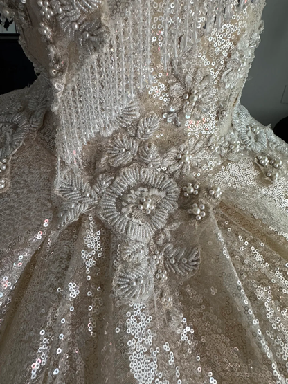 Sparkly Light Champagne Sequin Beaded Floral Sweet 15 Dress,Off The Shoulder Quinceanera Dress D3711