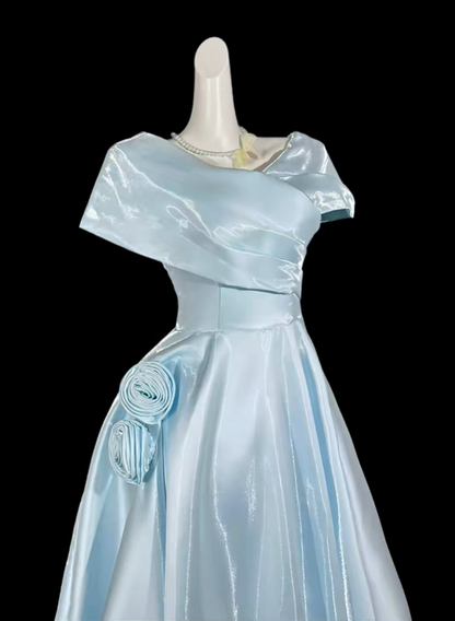 Charming Blue Satin Pleated 3D Floral A Line Long Evening Dress Birthday Party Gown D4164