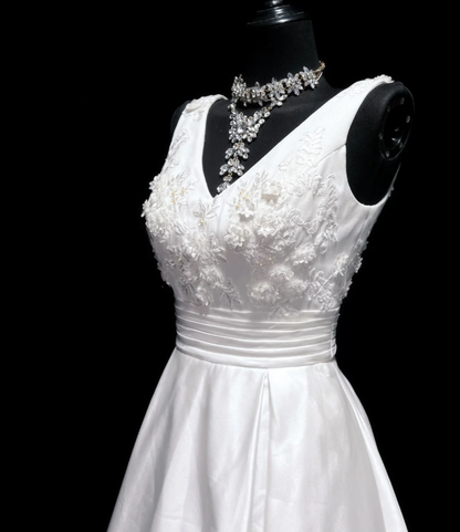 Classy V Neck White Satin Appliques Long Wedding Dress Formal Bridal Dress D549