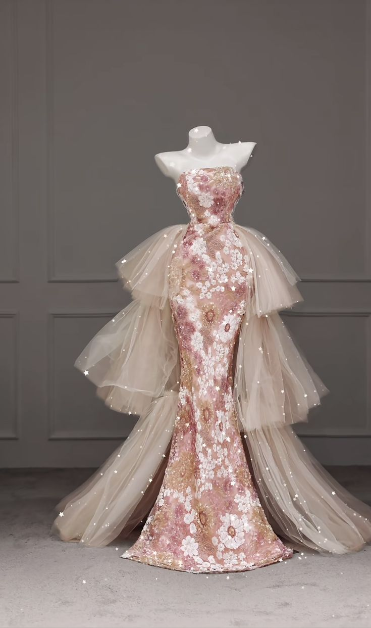 Charming Strapless Pink Tulle Lace Sequin Beaded Floral Mermaid Prom Dress Formal Birthday Party Dress D1194