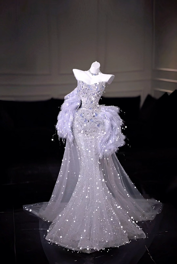Glamorous Strapless Tulle Sequin Beaded Mermaid Evening Dress Lilac Long Birthday Party Dress D5207