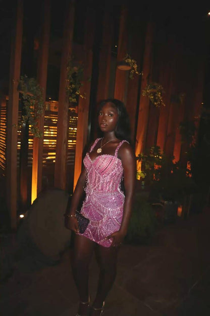 Gorgeous Spaghetti Straps Satin Beaded Sheath Short Birthday Outfits Pink Short Homecoming Dress D4759