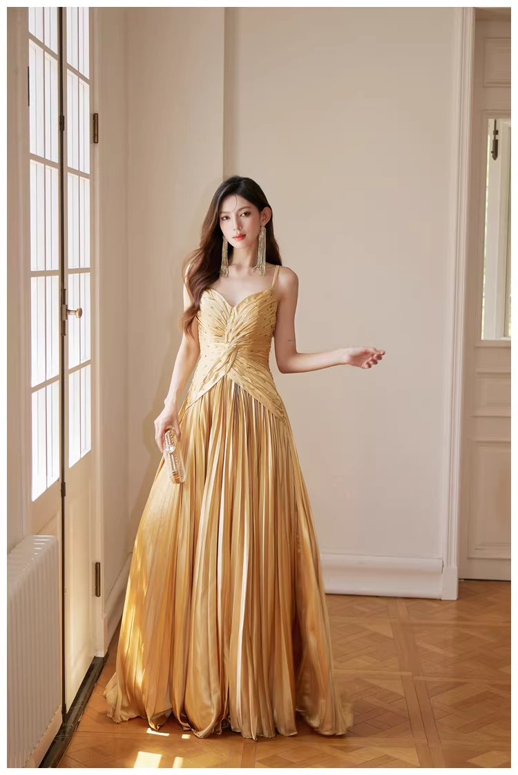 Gorgeous Spaghetti Straps Gold Satin Pleated Beaded A Line Long Evening Dress Birthday Dress D2406