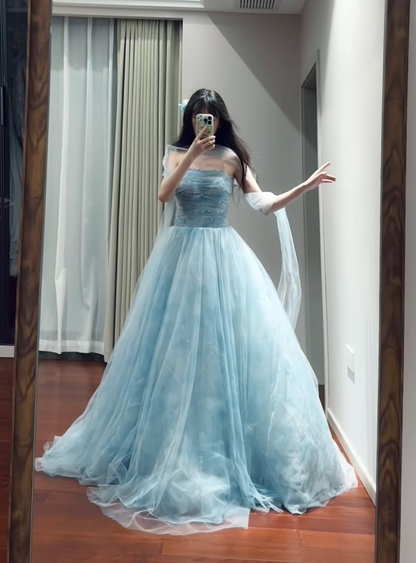 Classy Blue Strapless Tulle Beaded Long Party Dress Birthday Prom Dresses D1696