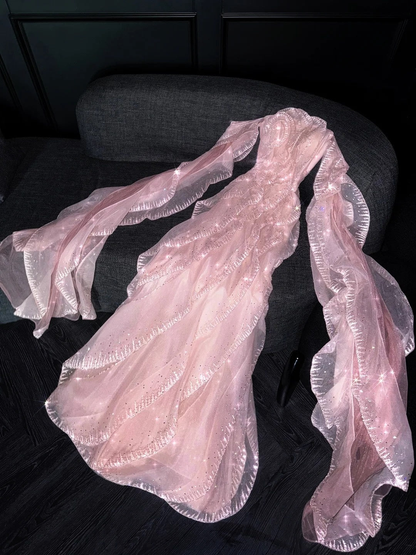 Glitter Off The Shoulder Pink Tulle Ruffle Sequin Long Evening Dress 18th Birthday Party D4547