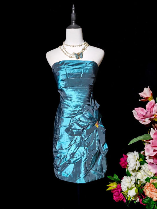 Vintage Strapless Satin Pleated Floral Short 7th Grade Homecoming Dress,Blue Sheath Mini Cocktail Dress D3153