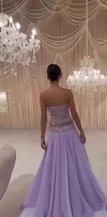 Classy Strapless Purple Chiffon Beaded Long Party Dress Evening Gown D1278