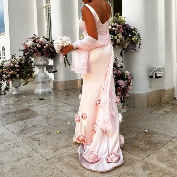 Pretty Pink Satin 3D Rose Flowers Mermaid Party Dress Long Evening Gown D1360