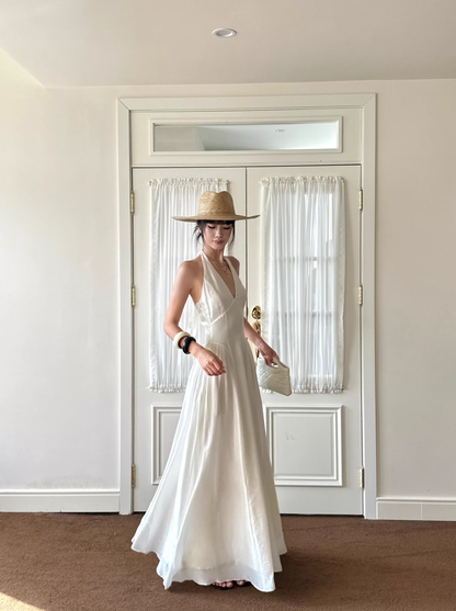 Sexy Halter V Neck White A Line Long Party Dress Formal Evening Gown D2121